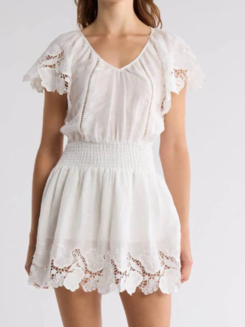 NWOT Ramy Brook Ryan Lace Trim Linen Blend Boho Chic Mini Dress White Small